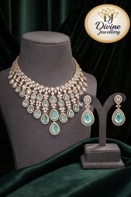 Aqua Crystal Drop Necklace Set with Statement Earrings – 92.5 Silver Rose Gold Plated Luxury Jewellery