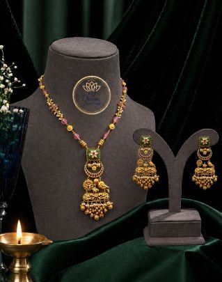 Beaded Pendant Necklace Set with Temple Motif & Pearl Drops – 92.5 Silver Gold Plated Traditional Jewellery