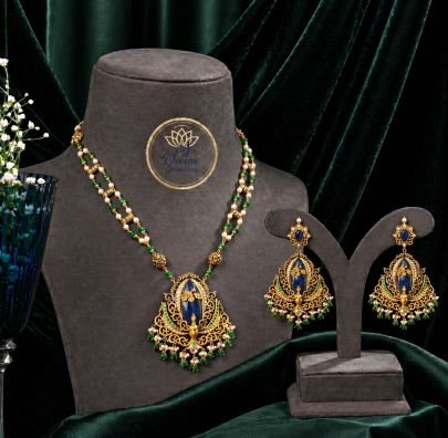 Blue Stone Pendant Necklace Set with Green Beads & Antique Filigree Work – 92.5 Silver Gold Plated Jewellery