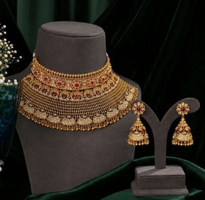 Bridal Antique Gold Plated Choker Necklace Set with CZ Stone Work & Matching Jhumka Earrings for Women