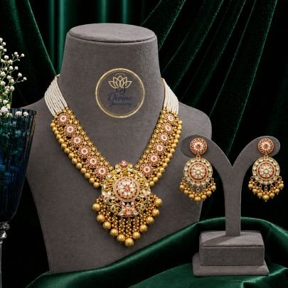 Bridal Pearl Haram Necklace Set with Antique Pendant & Pink Stone Work – 92.5 Silver Gold Plated