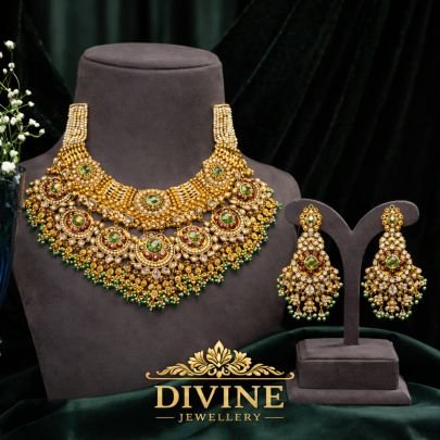 Bridal Polki Kundan Choker Necklace Set with Meenakari & Green Drops | 92.5 Silver Gold Plated Jewellery by Divine Jewellery