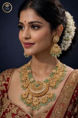 Bridal Statement Temple Necklace Set with Green Drops & Kundan Work – 92.5 Silver Gold Plated Jewellery | Divine Jewellery