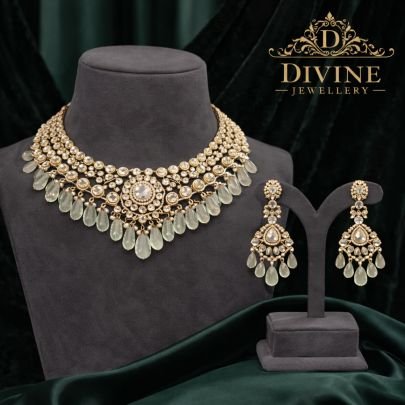 Champagne Polki Choker Necklace Set with Crystal Drops | 92.5 Silver Gold Plated Jewellery by Divine Jewellery