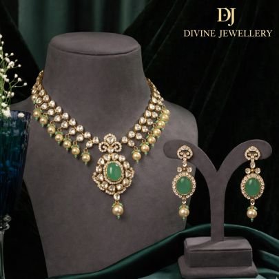 Classic Kundan Necklace Set with Green Stone Pendant & Pearl Drops | 92.5 Silver Gold Plated Elegant Jewellery by Divine Jewellery