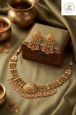 Classic Kundan Pearl Bridal Necklace Set with Pink & Green Accents in 92.5 Silver with Gold Plating
