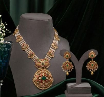 Classic Pearl Layered Temple Necklace Set with Kundan & Green Stone Pendant – 92.5 Silver Gold Plated Jewellery | Divine Jewellery