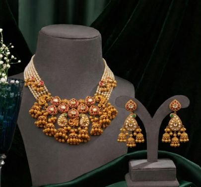 Classic Pearl Temple Necklace Set with Kundan & Antique Gold Detailing – 92.5 Silver Gold Plated Jewellery | Divine Jewellery