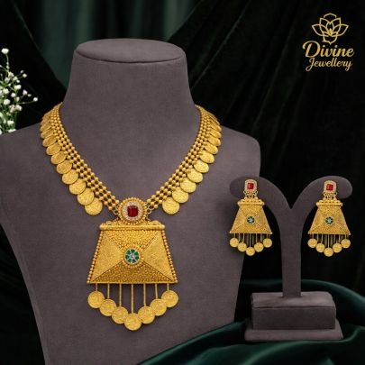 Coin Pendant Statement Necklace Set with Layered Coin Chain – 92.5 Silver Gold Plated Traditional Jewellery