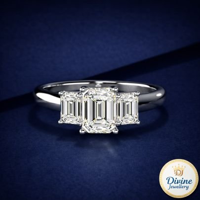 DIVINE 92.5 Sterling Silver Emerald Cut Three-Stone Ring – Platinum Plated Classic