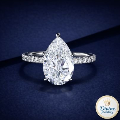 DIVINE 92.5 Sterling Silver Pear Cut Solitaire Ring – Platinum Plated Pave Band