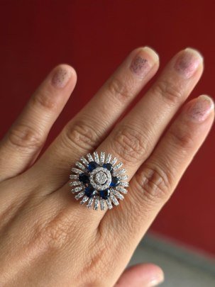 DIVINE Blue Stone Sunburst Crystal Ring for Women – Designer Party Wear Finger Ring