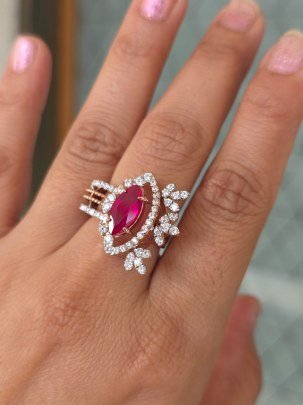 DIVINE Crimson Aura Ring – Royal Marquise Halo Statement Ring