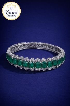DIVINE Emerald & Diamond-Style Luxury Bangle – Elegant Green Stone Designer Bracelet for Wedding & Party Wear
