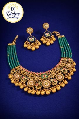 DIVINE Green Beaded Antique Temple Necklace Set with Meenakari Coin Motifs & Jhumka Earrings – Traditional Bridal Jewellery