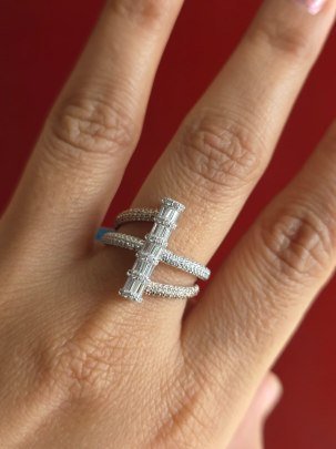 DIVINE Modern Baguette Bar Ring – Triple Band Pave Ring with Vertical Baguette Crystal Row in Premium Silver & Rose Gold Finish