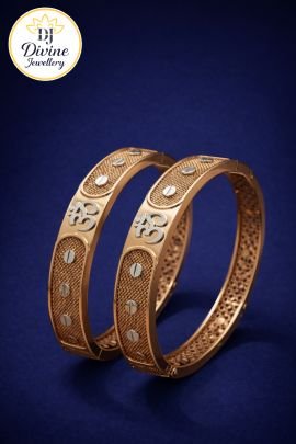 DIVINE Om Design Gold Finish Couple Bangles – Textured Kada Pair for Men & Women with Spiritual Motif