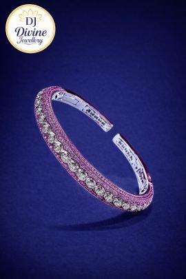 DIVINE Pink Stone & Diamond-Style Open Cuff Bangle – Luxury Designer Adjustable Kada Bracelet for Women