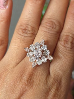 DIVINE Radiant Snowflake Bloom Ring – Baguette & Marquise Floral Cluster Luxury Rose Gold Ring for Women