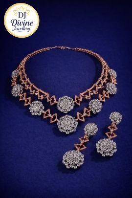 DIVINE Rose Gold Diamond-Style Necklace Set with Floral Cluster Design – Elegant Bridal & Party Wear Jewellery