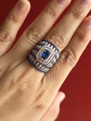 DIVINE Royal Blue Sapphire Crystal Ring for Women – Luxury Wide Band Micro Pave Zircon Statement Ring