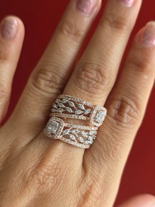 DIVINE Royal Dual-Frame Leafwork Designer Ring with Emerald-Cut Diamond Look Stones – Luxury Wide Band Statement Ring for Women