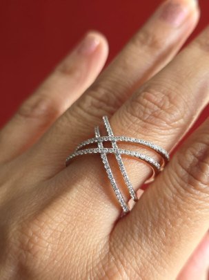 DIVINE “Starlight Cross” Minimal Luxe Ring – Dual-Line Crystal Geometry Ring in Rose Silver Finish