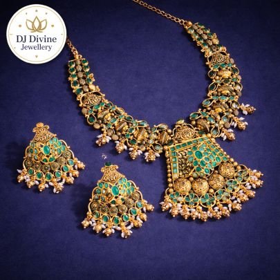 DJ Divine Jewellery Traditional Gold Plated Green Stone Kundan Necklace Set with Matching Earrings | Bridal & Wedding Ethnic Jewellery for Women
