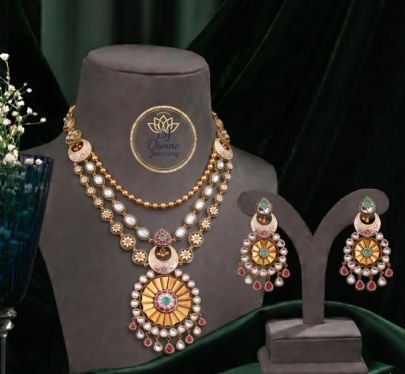 Designer Dual Layer Kundan Necklace Set for Women | Gold Plated Silver Ethnic Jewellery with Earrings