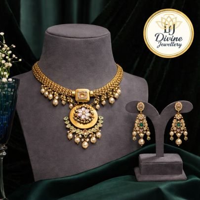 Designer Gold Chain Choker Necklace Set with Floral Pendant & Pearl Drops – 92.5 Silver Gold Plated