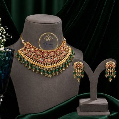 Designer Kundan Choker Necklace Set with Red Stones & Green Drops – 92.5 Silver Gold Plated Jewellery