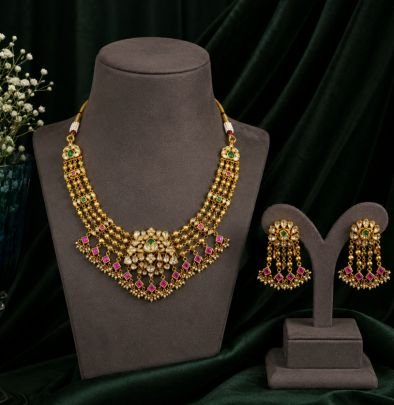 Designer Kundan Necklace Set with Pink & Green Stones and Matching Earrings for Women | Divine Jewellery