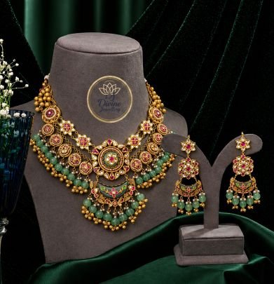 Designer Layered Kundan Necklace Set with Green Drops & Antique Finish – 92.5 Silver Gold Plated Jewellery