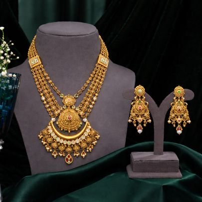 Designer Multilayer Temple Necklace Set with Crescent Pendant – 92.5 Silver Gold Plated Traditional Jewellery | Divine Jewellery