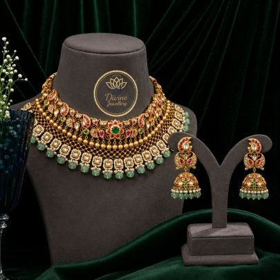 Designer Temple Choker Necklace Set with Kundan Detailing & Mint Green Drops – 92.5 Silver Gold Plated Jewellery