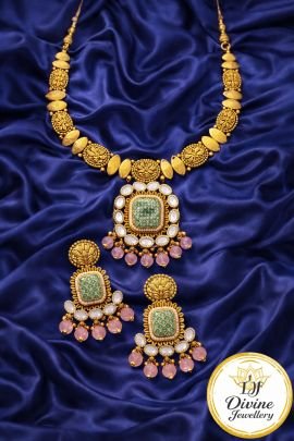 Designer Temple Necklace Set with Pastel Stone Pendant & Pink Bead Drops | 92.5 Silver Gold Plated | Divine Jewellery
