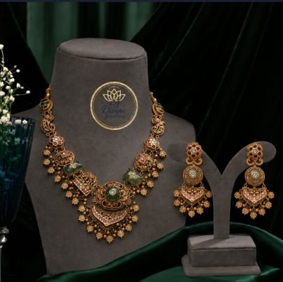 Divine Antique Floral Meenakari Gold Plated Necklace Set with Statement Earrings