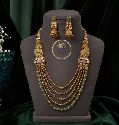 Divine Antique Gold-Plated 92.5 Silver Layered Long Haram Necklace Set with Green Beads