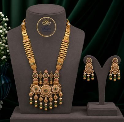 Divine Antique Gold Plated 92.5 Silver Traditional Long Haram Necklace Set with Statement Earrings