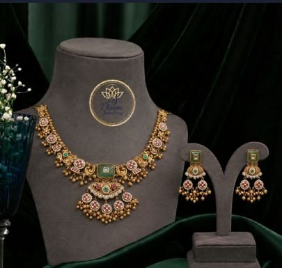 Divine Antique Gold Plated Green Stone Traditional Necklace Set with Designer Earrings