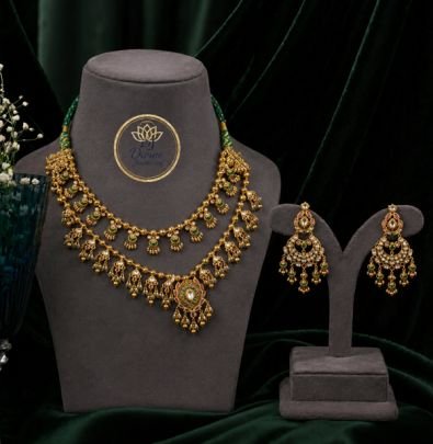 Divine Antique Gold Plated Green Beads Traditional Necklace Set with Designer Earrings