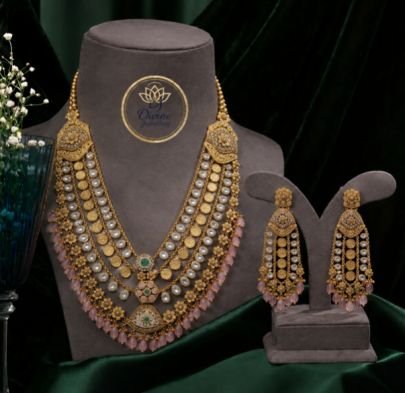 Divine Antique Gold-Plated Layered Pearl & Pink Bead Bridal Haram Set with Earrings | 92.5 Silver Base