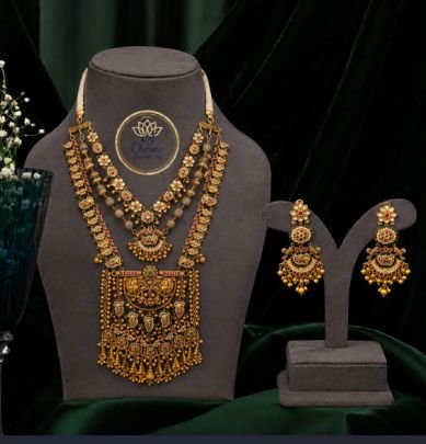 Divine Antique Gold Plated Long Haram Necklace Set with Traditional Pendant and Earrings