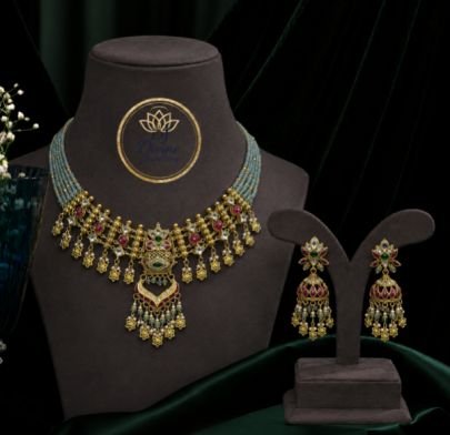 Divine Antique Gold-Plated Multicolor Beaded Choker Necklace Set with Jhumka Earrings | 92.5 Silver Base