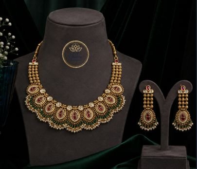 Divine Antique Gold-Plated Silver Ruby Green Kundan Necklace Set with Pearl Detailing & Matching Long Earrings