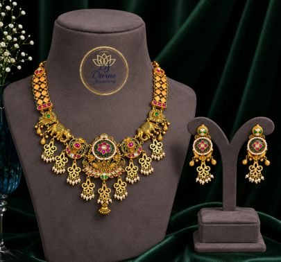 Divine Antique Gold-Plated Silver Lakshmi Temple Necklace Set with Matching Designer Earrings