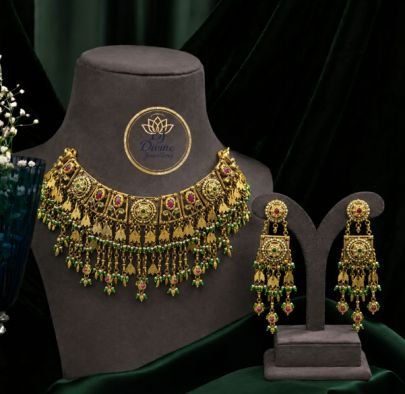 Divine Antique Gold-Plated Silver Tribal Choker Necklace Set with Green Bead Tassels & Long Earrings