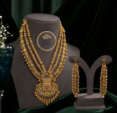 Divine Antique Gold Plated Silver Bridal Layered Temple Haram Set with Long Earrings