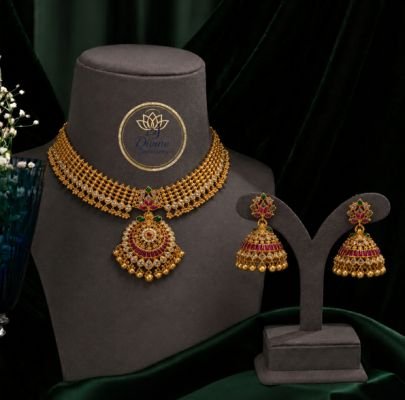 Divine Antique Gold Plated Silver Bridal Choker Necklace Set with Jhumka Earrings