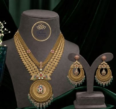 Divine Antique Gold Plated Silver Traditional Layered Coin Necklace Set with Statement Earrings